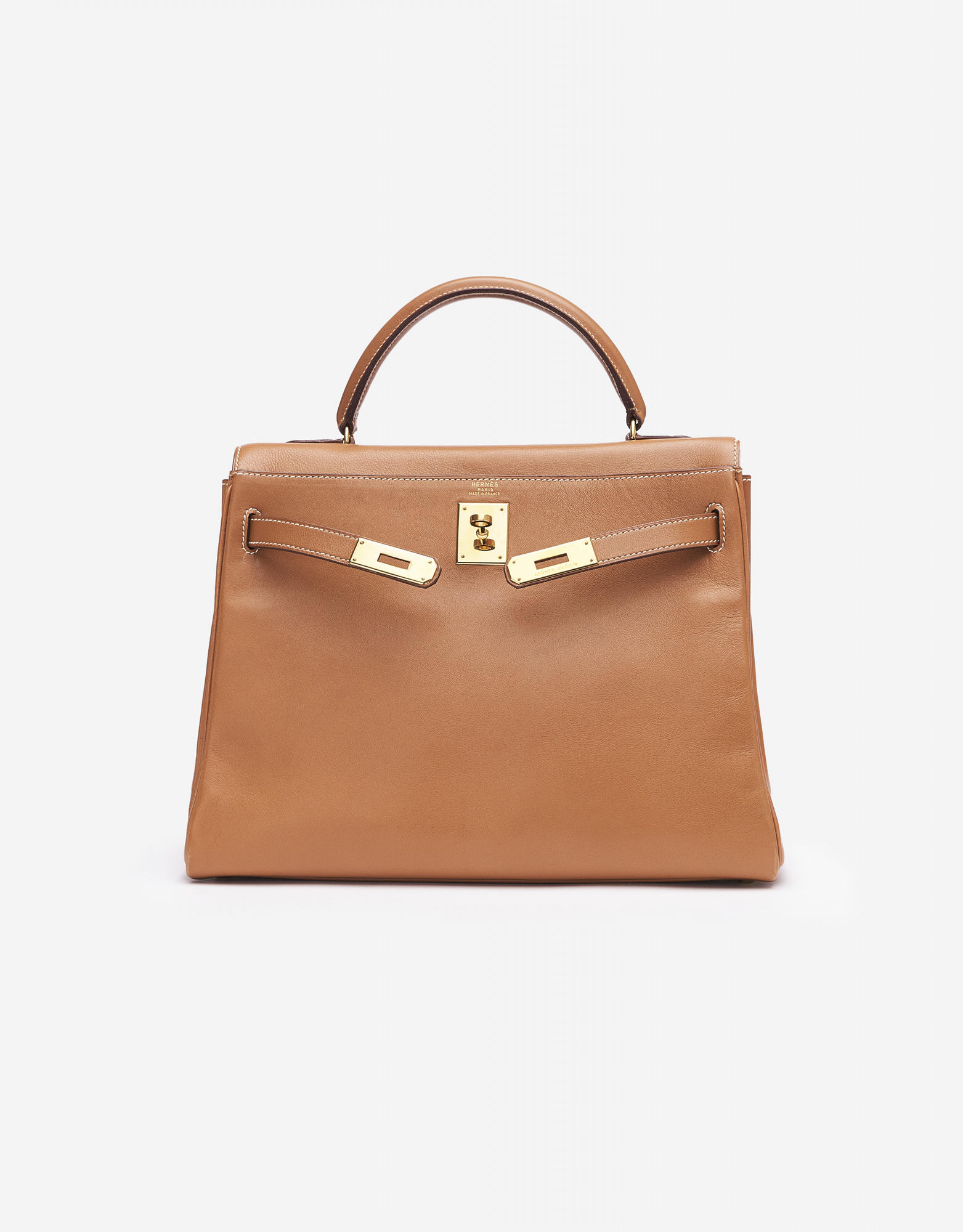 HERMES Kelly 35 Gold Gulliver Leather Retourne Woman's Handbag w/ Dustbag