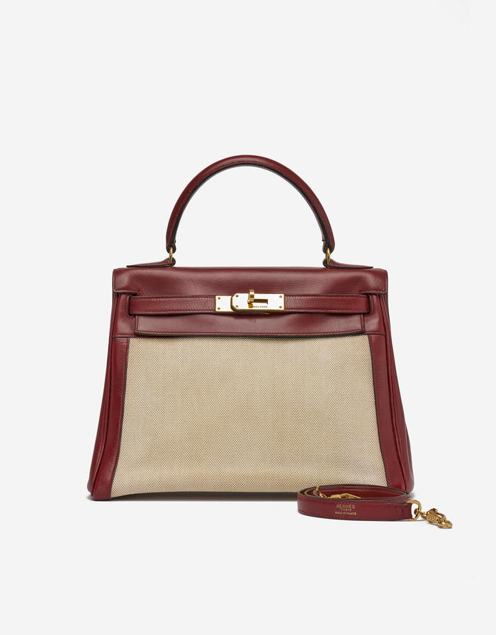 HERMES KELLY 28 SELLIER 2way Hand Bag Natural Rouge H Toile H Box calf □G  64381