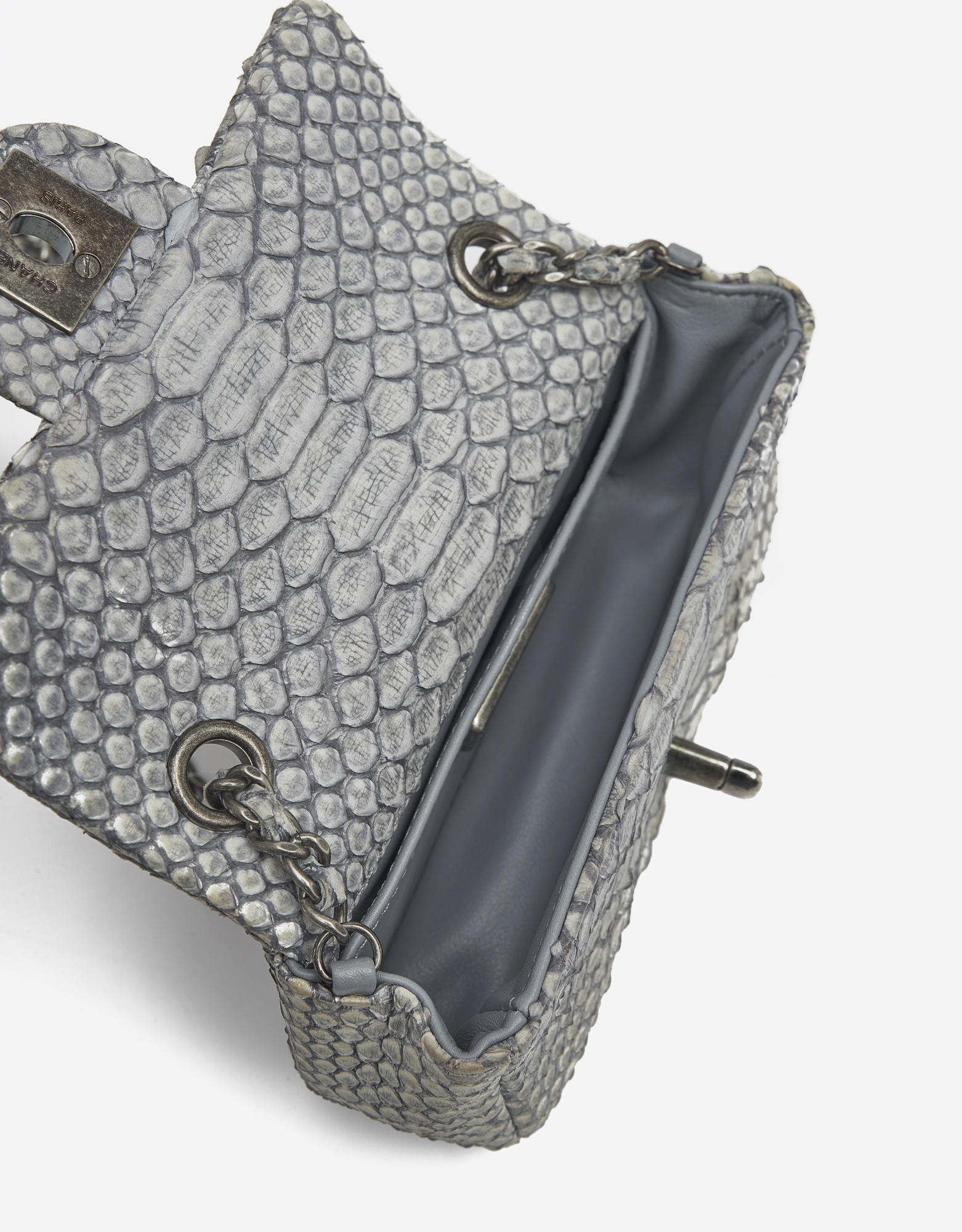 Chanel Grey Python Extra Mini Flassic Flap Crossbody Bag Leather