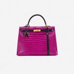 A pre-loved Hermès Kelly 35 HSS Crocodile Porosus Rose Scheherazade / Aubergine on SACLÀB