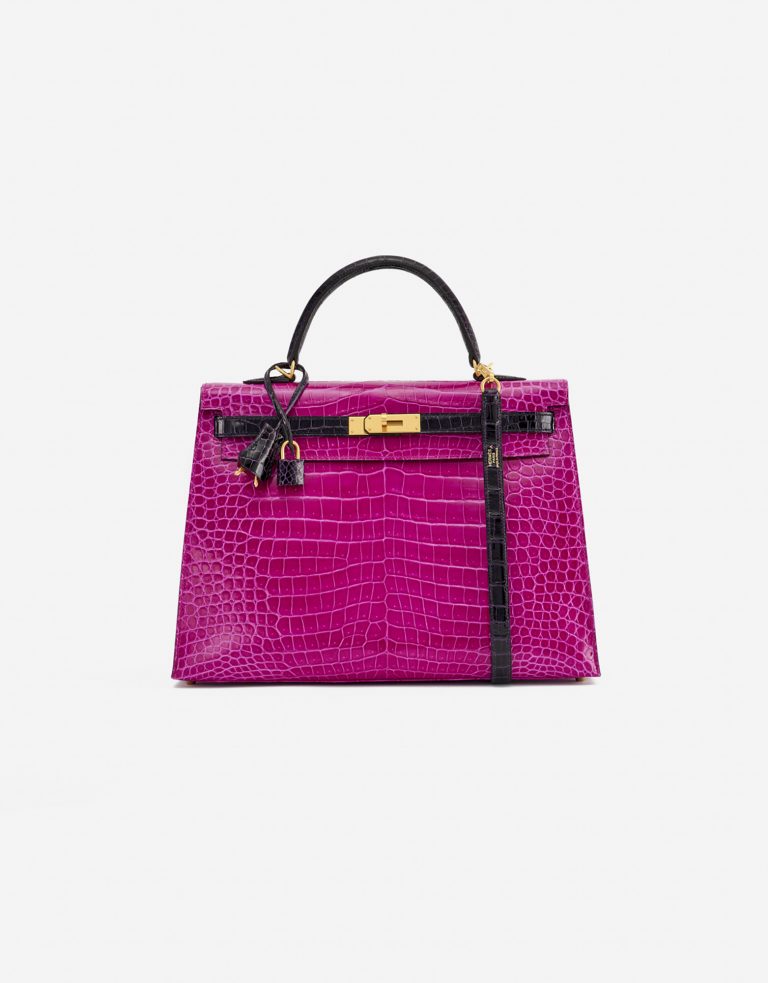 A pre-loved Hermès Kelly 35 HSS Crocodile Porosus Rose Scheherazade / Aubergine on SACLÀB