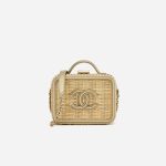 A pre-loved small Chanel Vanity Case in Beige Straw and Gold Leather on SACLÀB