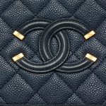 Chanel Filigree Logo Detail on a pre-loved Chanel Vanity Case Small Caviar Leather in Dark Blue on SACLÀB