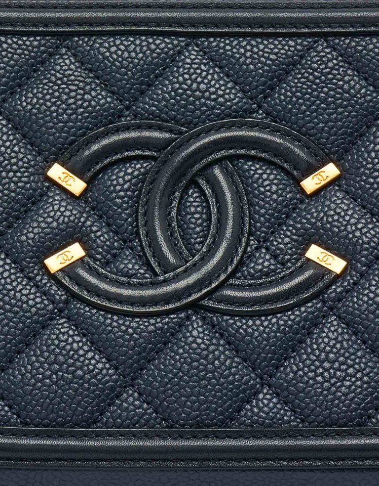 Chanel Filigree Logo Detail on a pre-loved Chanel Vanity Case Small Caviar Leather in Dark Blue on SACLÀB