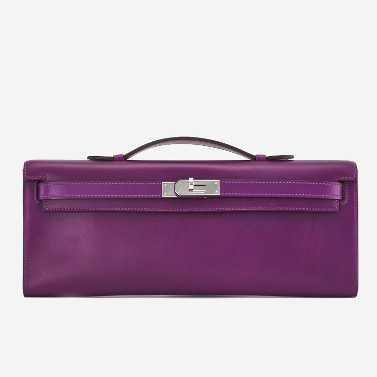 A pre-loved Hermès Kelly Cut Clutch in Anemone Swift Leather on SACLÀB