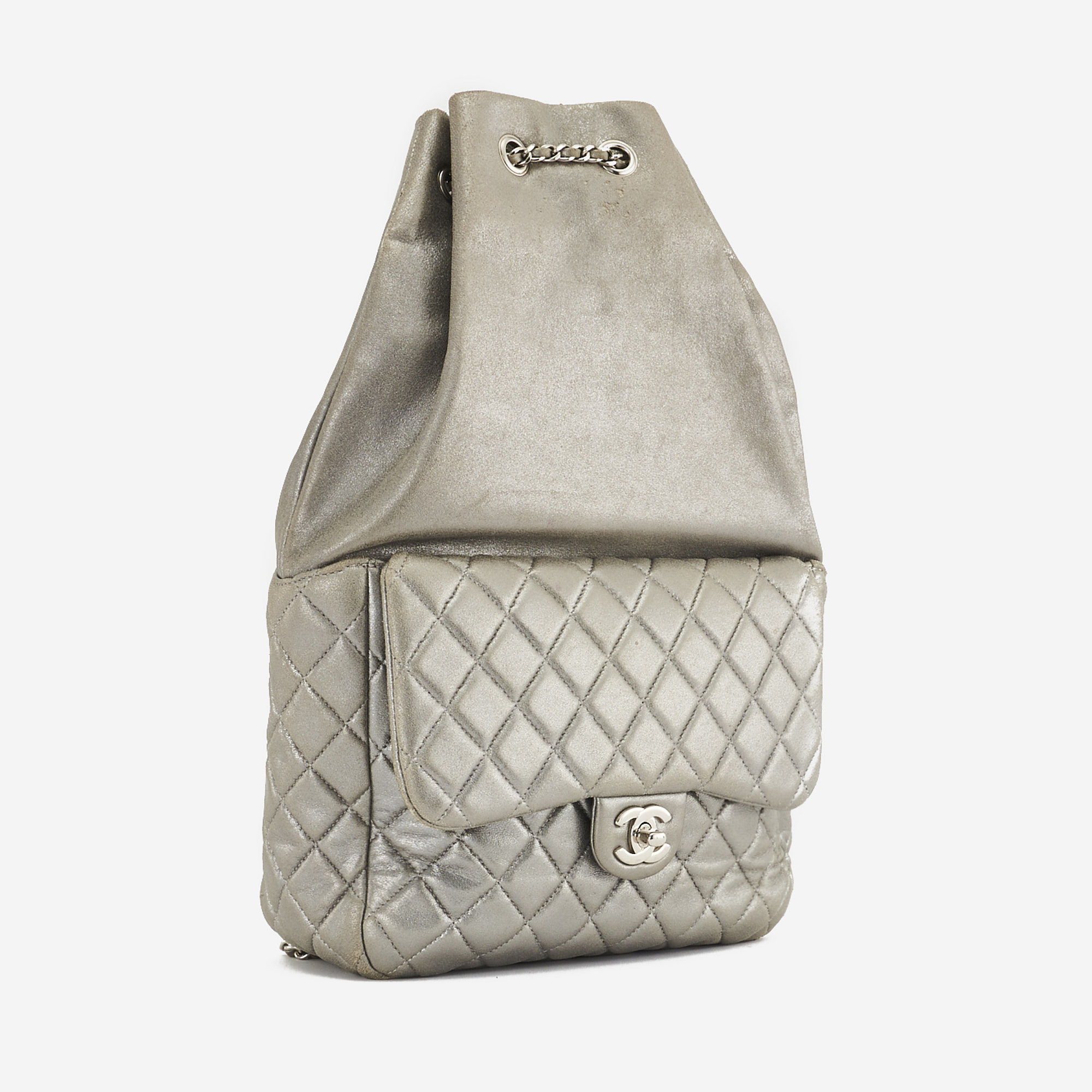 CHANEL, Bags, Chanel Metallic Silver Distressed Lambskin Quilted Seoul  Small Backpack Italy