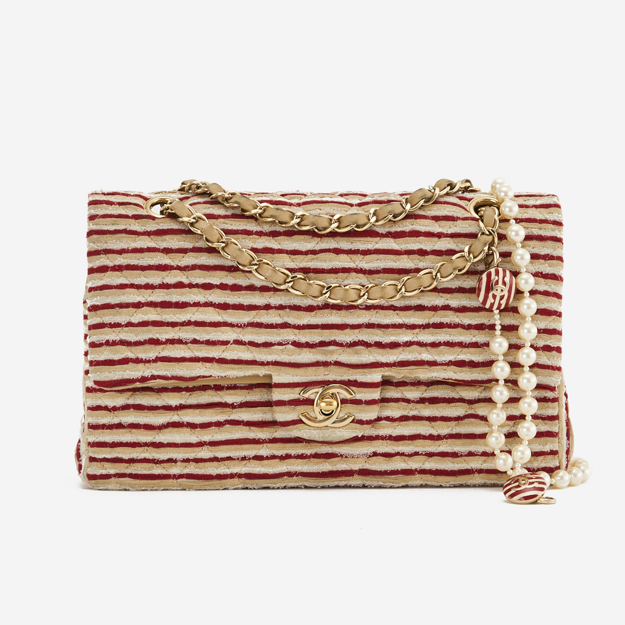 A limited-edition Chanel Timeless Medium made from Fabric and Pearls in Red and White on SACLÀB
