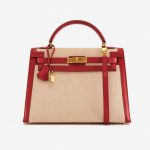Pre-owned Hermès bag Kelly 32 Courchevel / Toile Rouge Vif / Toile Beige, Red | Sell your designer bag on Saclab.com
