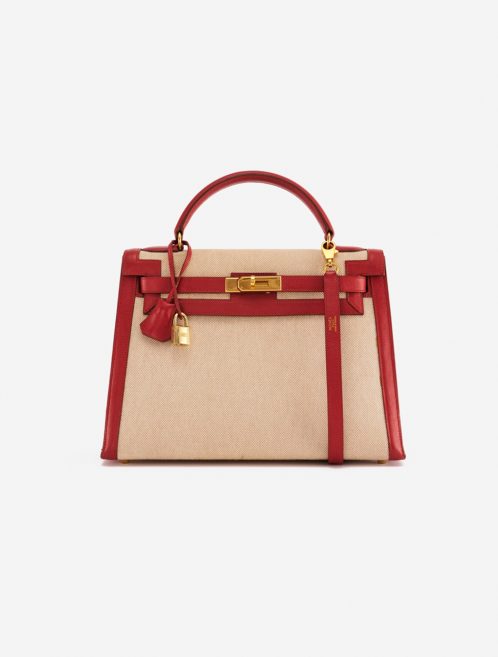 Pre-owned Hermès bag Kelly 32 Courchevel / Toile Rouge Vif / Toile Beige, Red | Sell your designer bag on Saclab.com