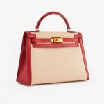 Pre-owned Hermès bag Kelly 32 Courchevel / Toile Rouge Vif / Toile Beige, Red | Sell your designer bag on Saclab.com