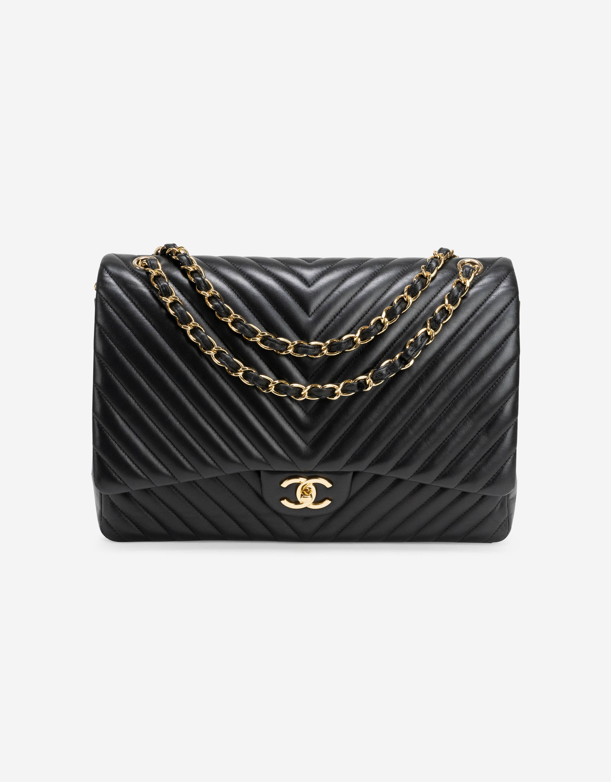 Chanel Chevron Lambskin Leather Maxi Double Flap Red with Gold Hardware