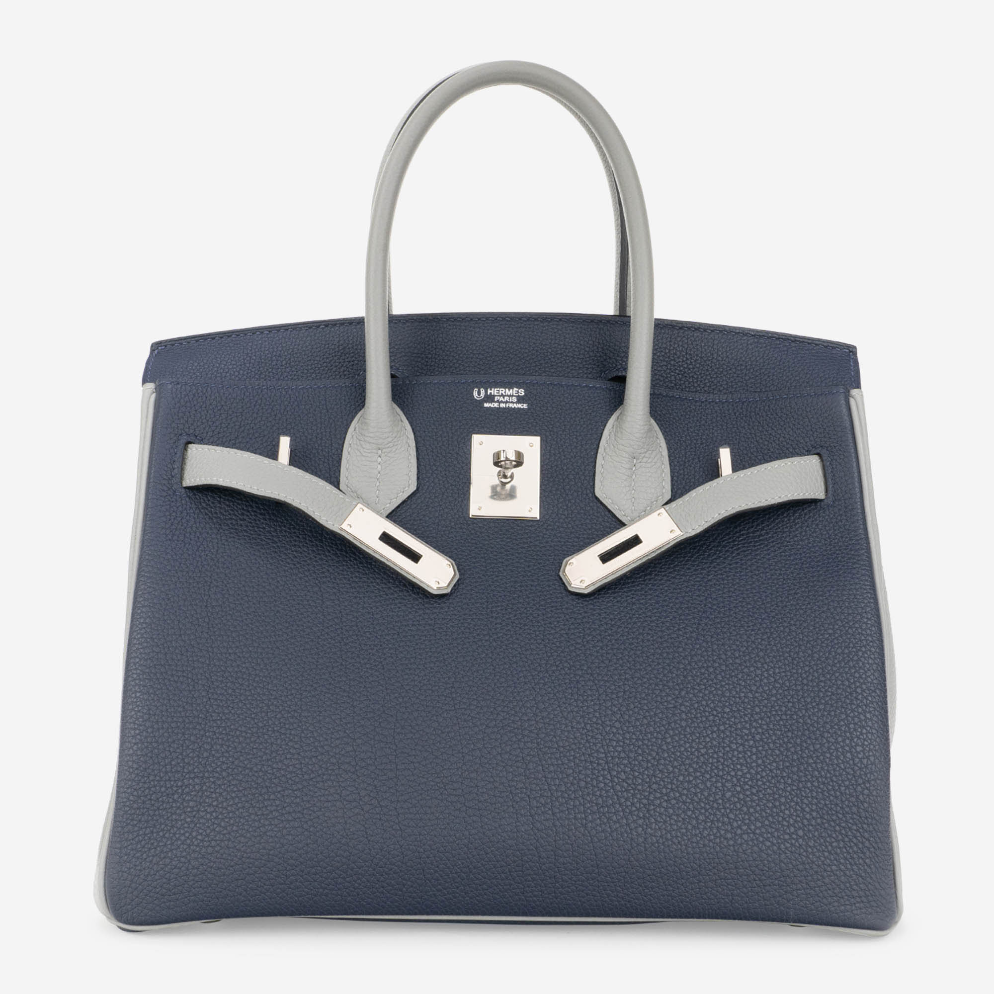 Hermès Birkin 30 Blue Encre Gris Mouette HSS Front Open