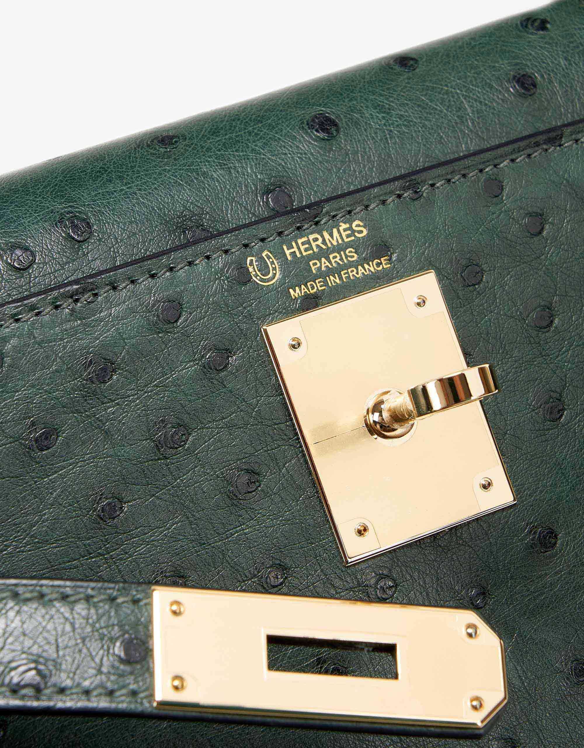 Hermes Kelly Sellier 28 HSS Bag Gris Agate / Vert Titien Ostrich Gold  Hardware
