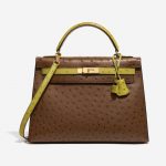 Pre-owned Hermès bag Kelly 32 Ostrich Marron / Vert Anis Brown, Green Front | Sell your designer bag on Saclab.com