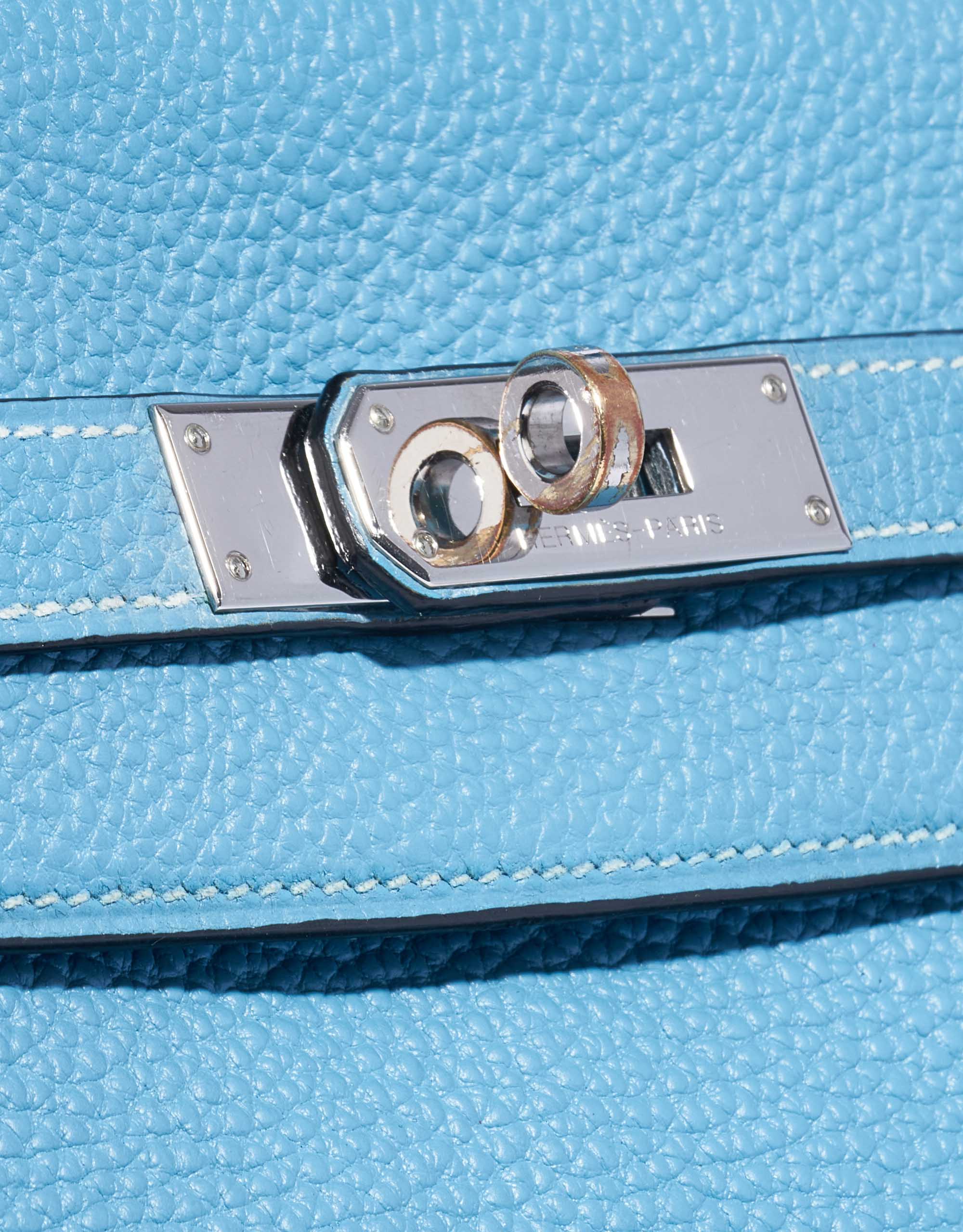 Hermes Kelly bag 32 Retourne Turquoise blue Clemence leather Silver  hardware