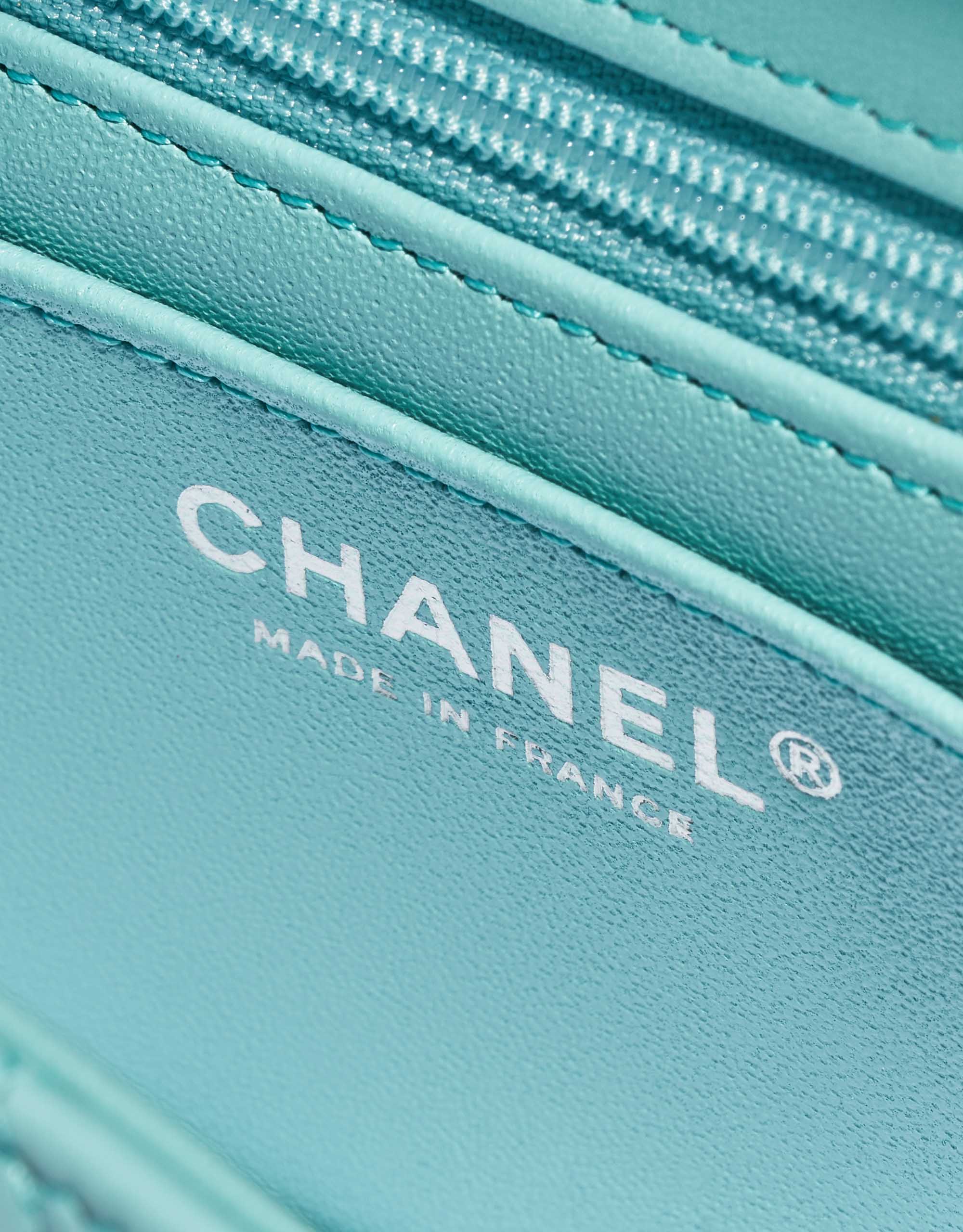 Pre-owned Chanel bag Timeless Mini Rectangular Lamb Tiffany Blue Blue Logo | Sell your designer bag on Saclab.com