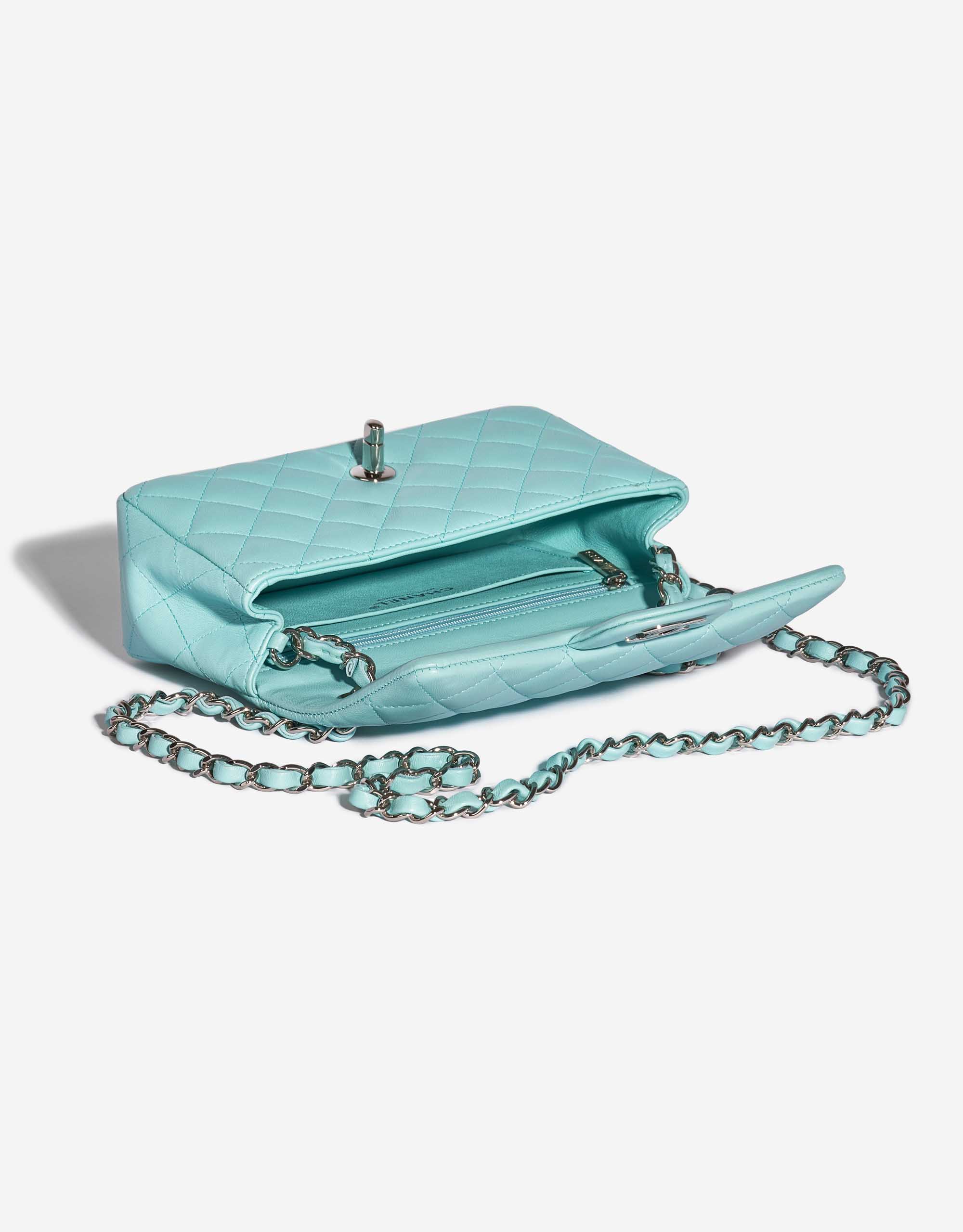 Pre-owned Chanel bag Timeless Mini Rectangular Lamb Tiffany Blue Blue Inside | Sell your designer bag on Saclab.com