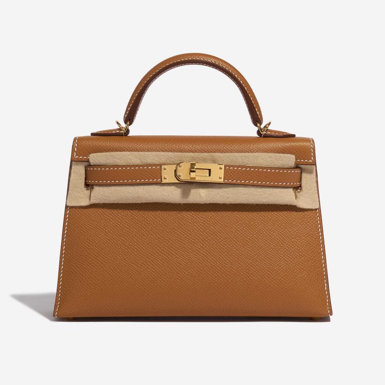 Pre-owned Hermès bag Kelly Mini Epsom Gold Brown Front Velt | Sell your designer bag on Saclab.com