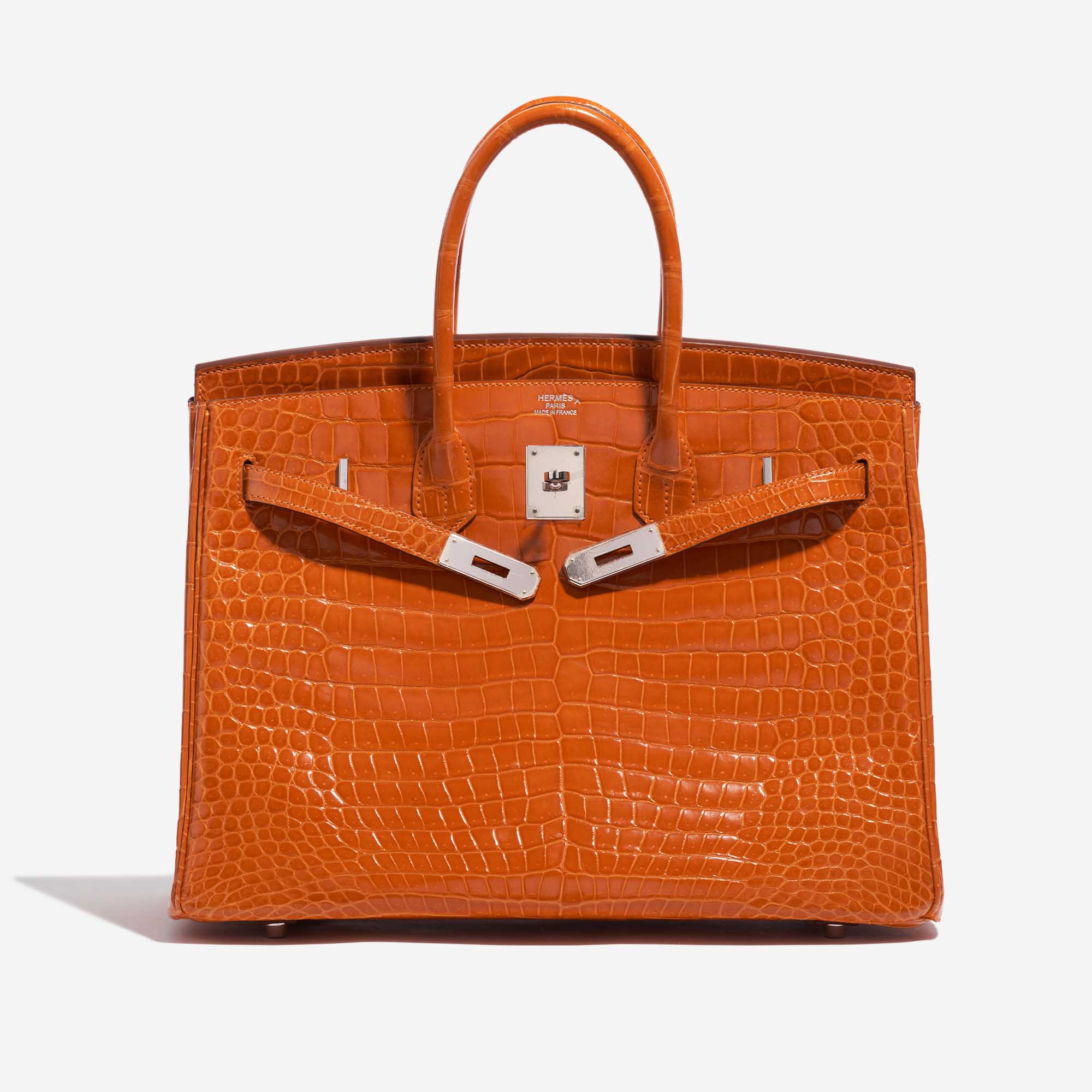 Pre-owned Hermès bag Birkin 35 Porosus Crocodile Pain d’épice Orange Front Open | Sell your designer bag on Saclab.com