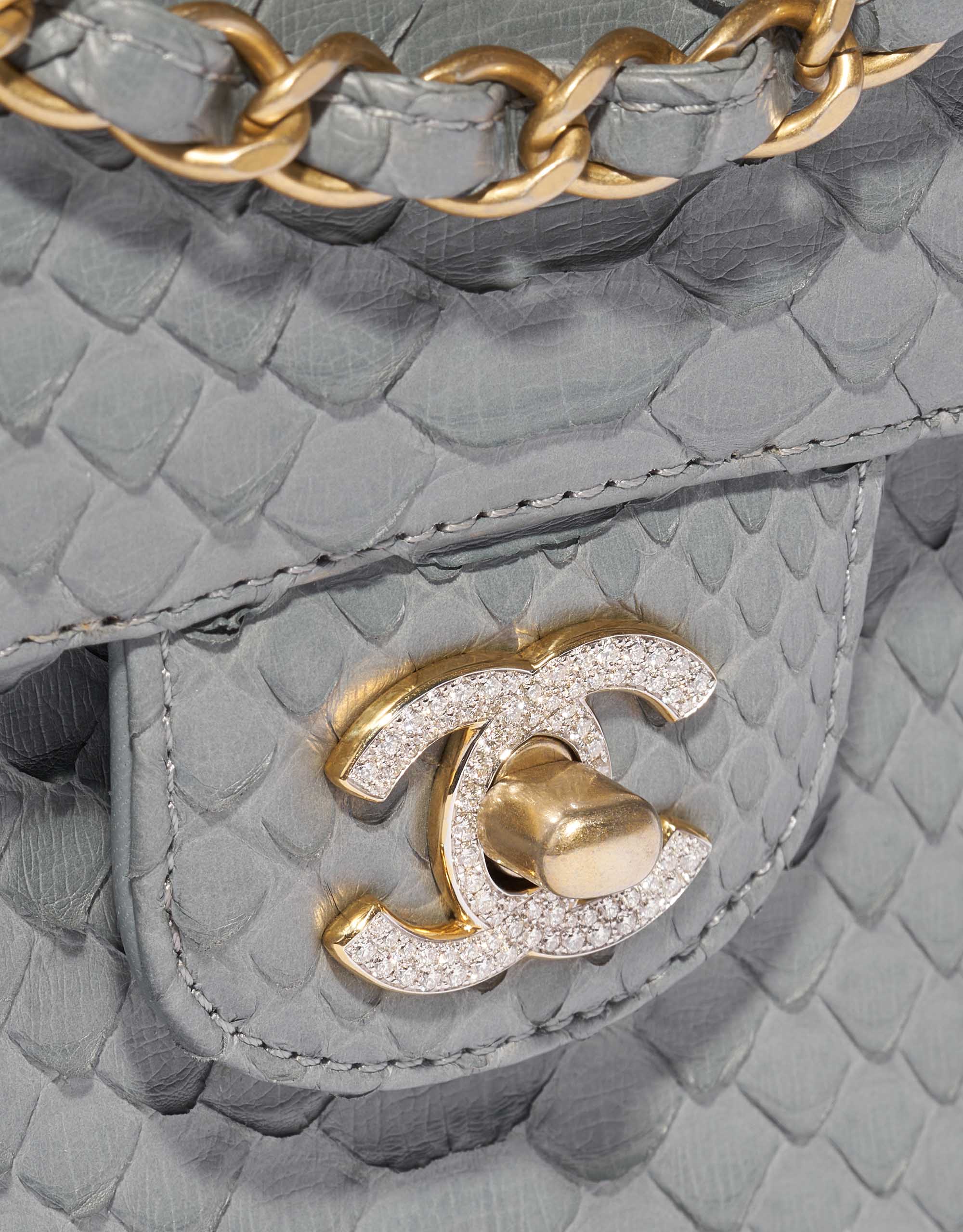 Pre-owned Chanel Tasche Timeless Medium Python Grau, 18k Gold und 2,5ct Diamanten Grau Schließsystem | Verkaufen Sie Ihre Designer-Tasche auf Saclab.com
