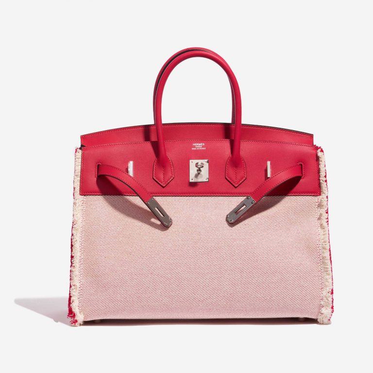 Pre-owned Hermès bag Birkin 35 Fray Swift / Canvas Framboise Pink, Red Front Open | Sell your designer bag on Saclab.com