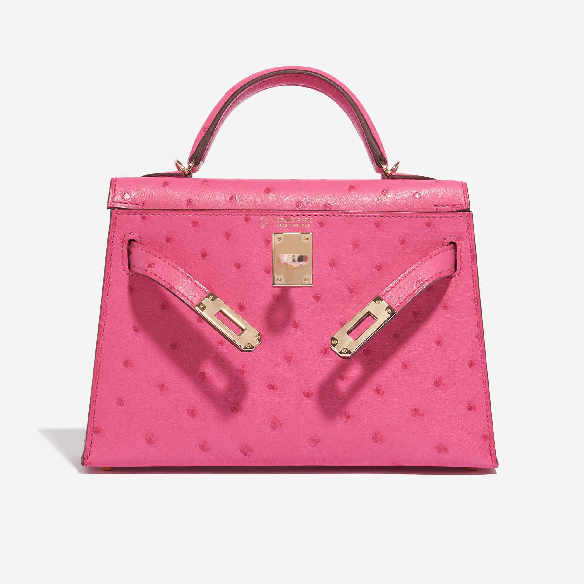 Pre-owned Hermès bag Kelly Mini HSS Ostrich Rose Fuchsia / Gold Pink, Rose Front Open | Sell your designer bag on Saclab.com