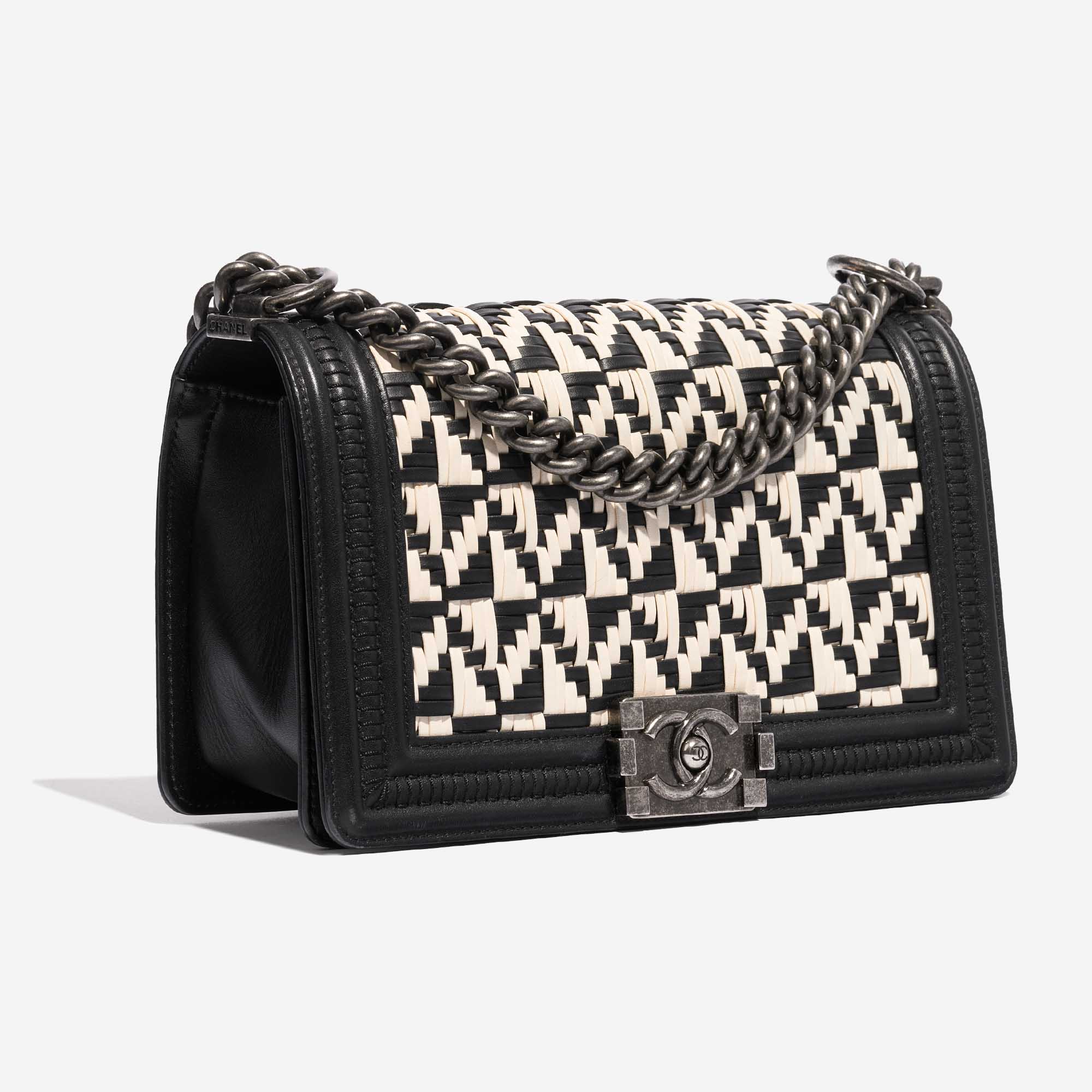 Pre-owned Chanel bag Boy Old Medium Lamb Black / White Black, White Side Front | Sell your designer bag on Saclab.com