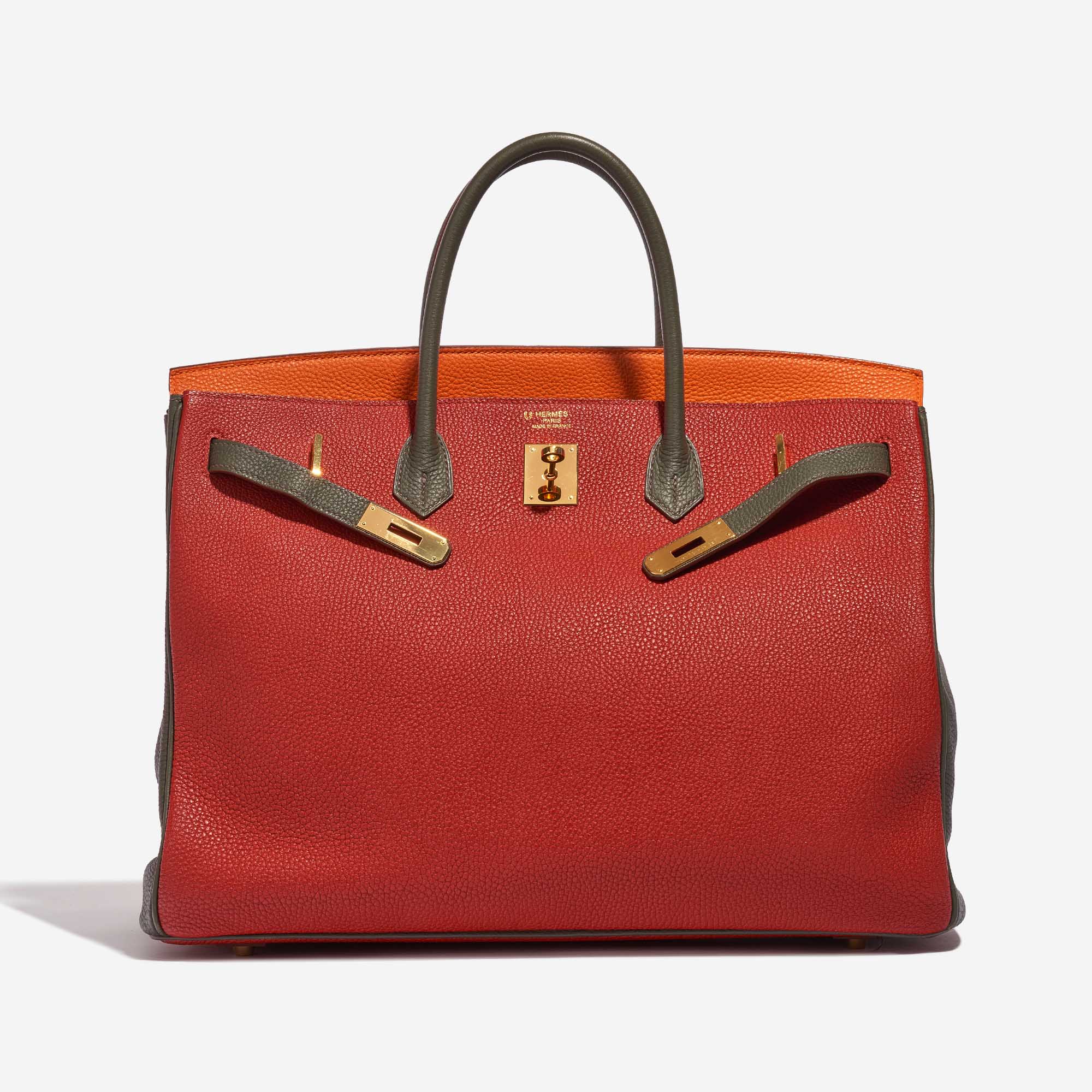 Gebrauchte Hermès Tasche Birkin 40 HSS Togo Orange H / Olive / Vermillon Multicolour, Orange, Rot Front Open | Verkaufen Sie Ihre Designer-Tasche auf Saclab.com