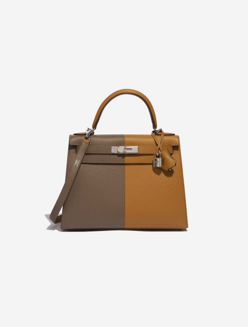 Pre-owned Hermès bag Kelly 28 Epsom Etoupe / Sesame / Blue Indigo Brown Front | Sell your designer bag on Saclab.com