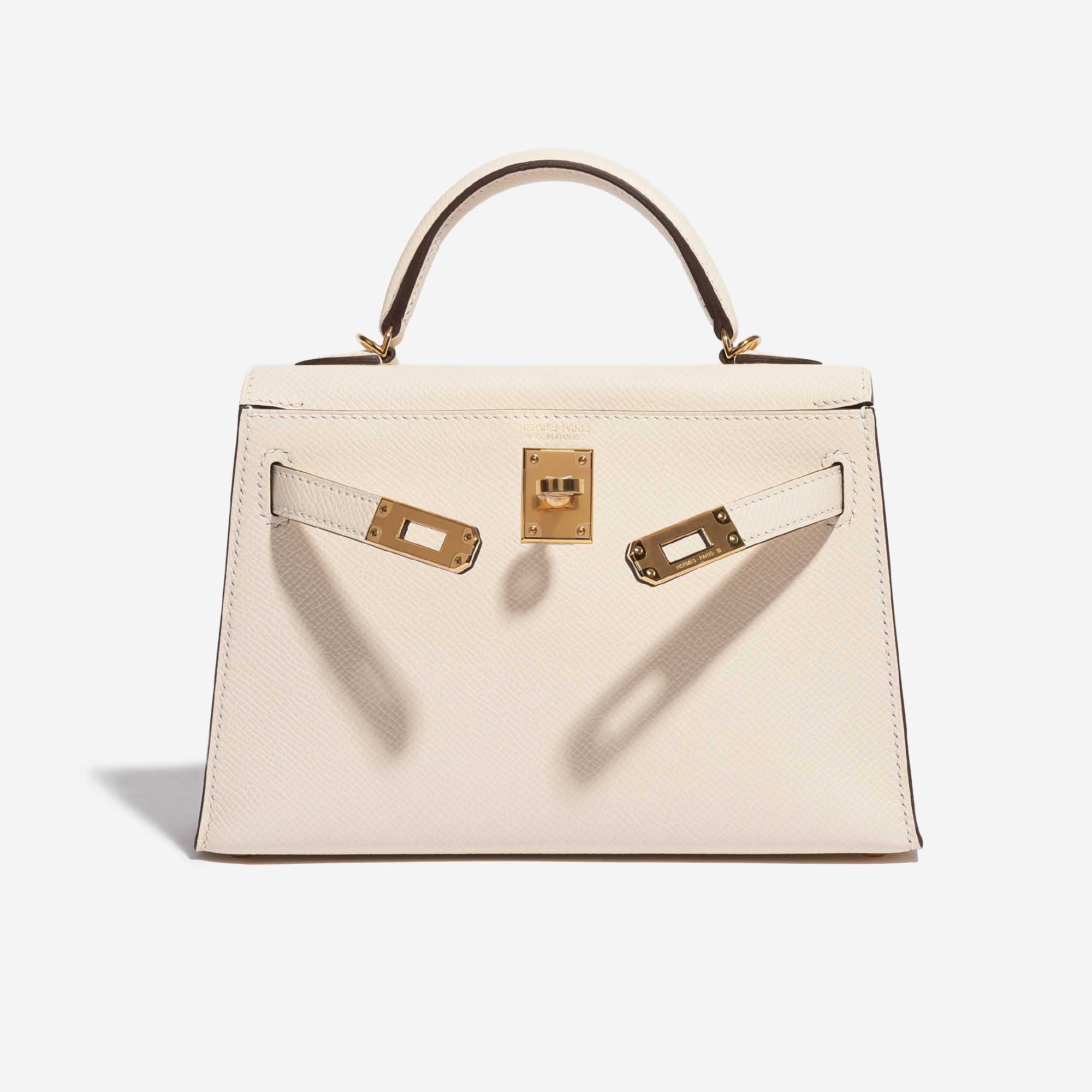 Pre-owned Hermès Tasche Kelly Mini Epsom Nata Grau Front Open | Verkaufen Sie Ihre Designer-Tasche auf Saclab.com