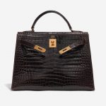 Pre-owned Hermès bag Kelly 32 Porosus Crocodile Dark Brown Brown Front Open | Sell your designer bag on Saclab.com