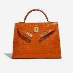Pre-owned Hermès bag Kelly 32 Porosus Crocodile Pain d’epice Orange Front Open | Sell your designer bag on Saclab.com