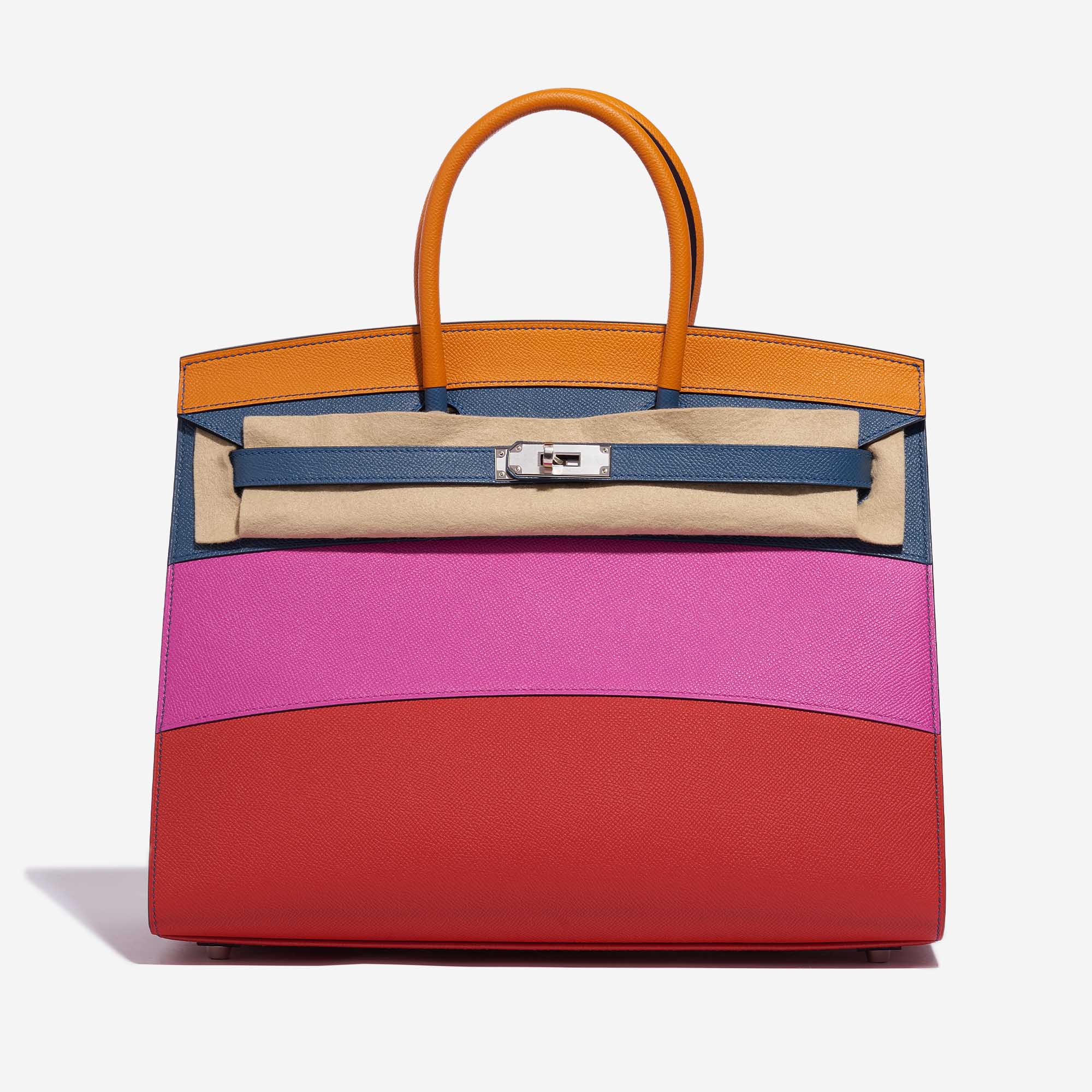 Pre-owned Hermès bag Birkin 35 Sunset Rainbow Epsom Apricot / Blue Agate / Magnolia / Rouge Casaque Multicolour Front Velt | Sell your designer bag on Saclab.com