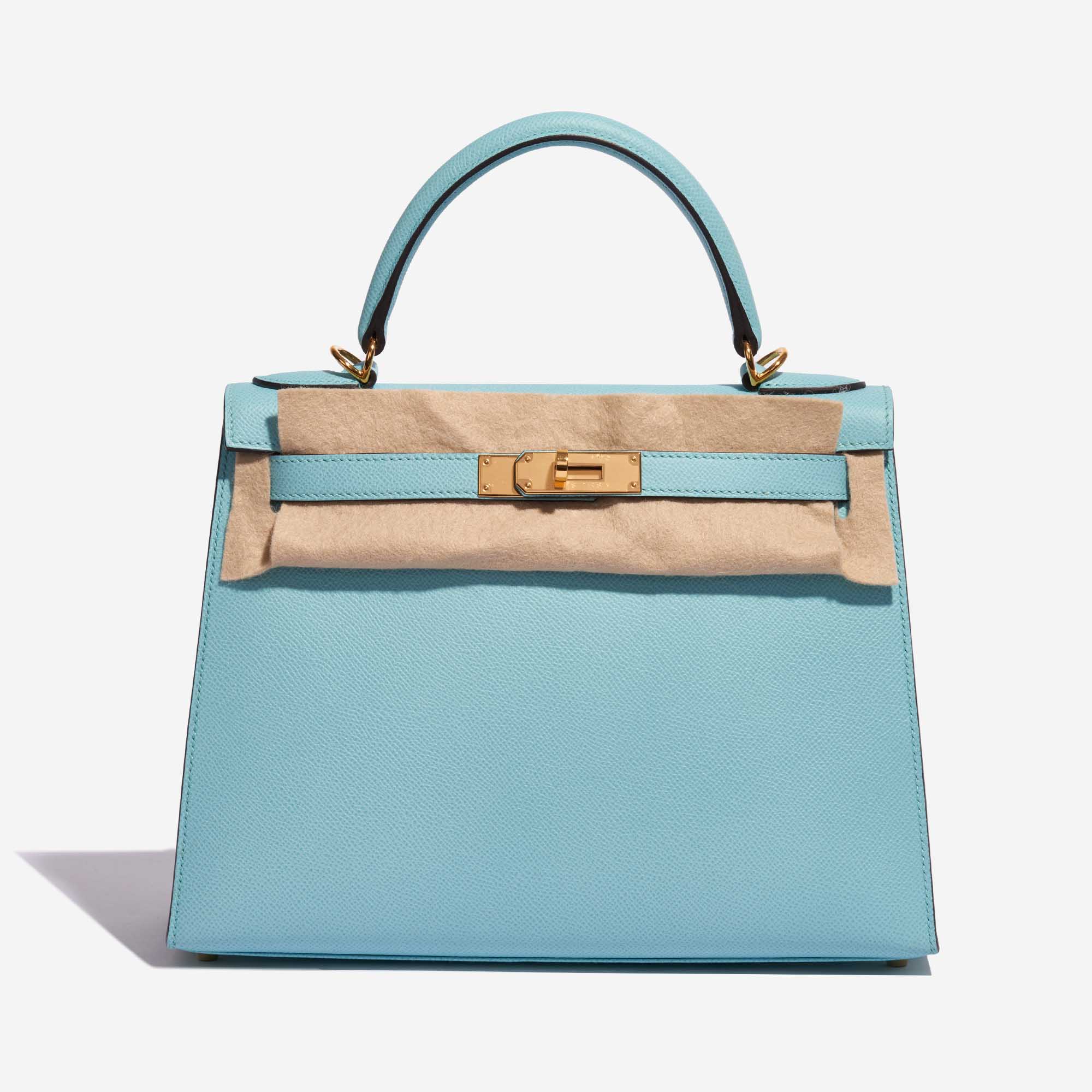 Pre-owned Hermès bag Kelly 28 Epsom Blue Atoll Blue Front Velt | Sell your designer bag on Saclab.com