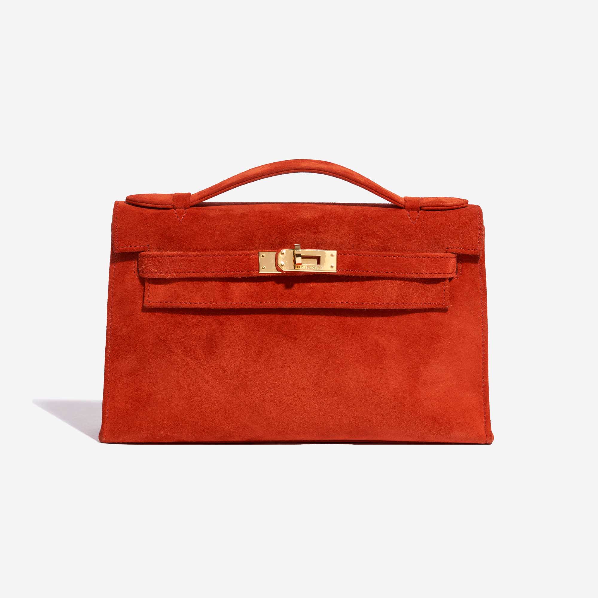 Pre-owned Hermès bag Kelly Pochette Doblis Suede Rouge Vif Red Front | Sell your designer bag on Saclab.com