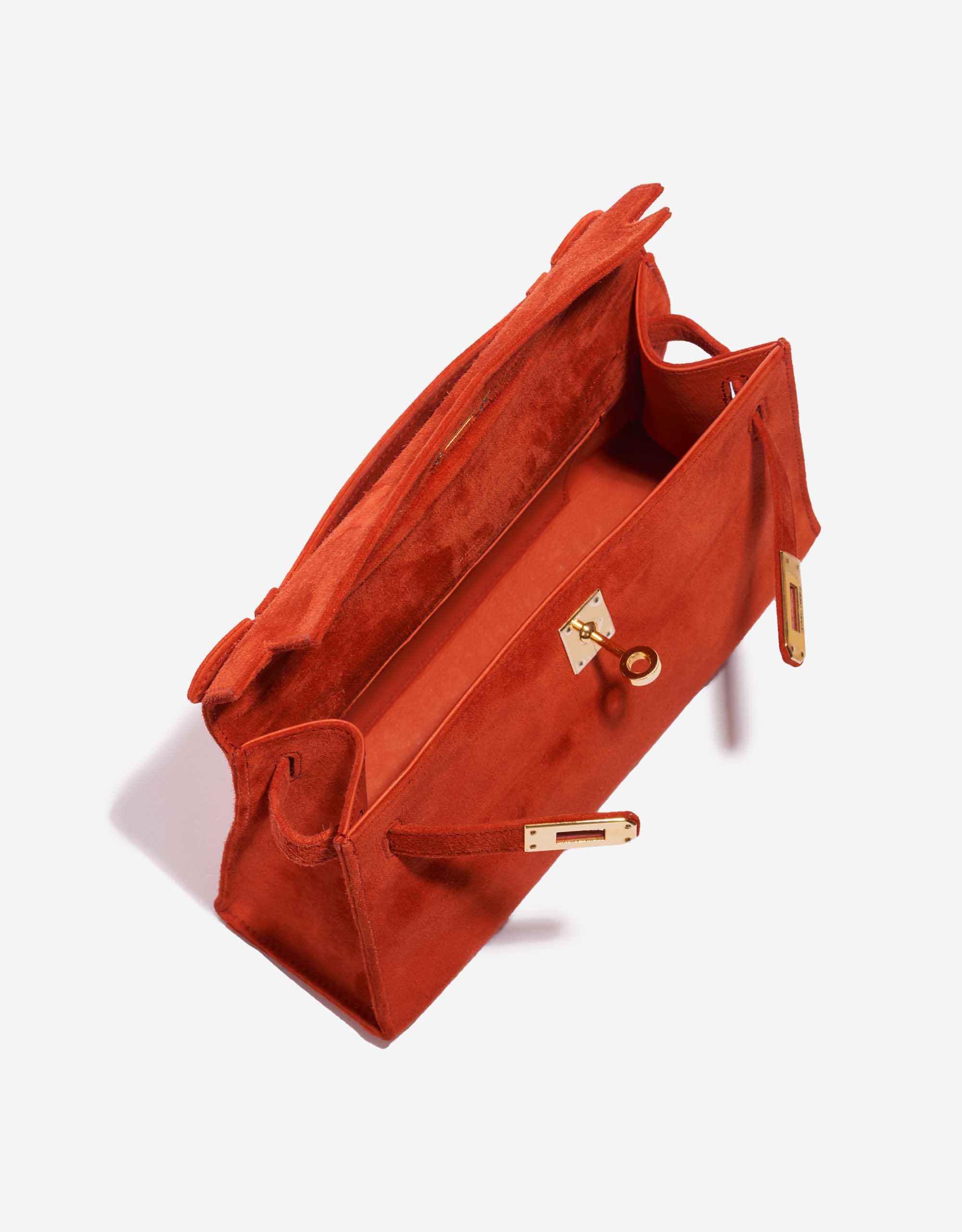 Pre-owned Hermès bag Kelly Pochette Doblis Suede Rouge Vif Red Inside | Sell your designer bag on Saclab.com