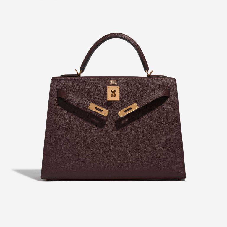 Pre-owned Hermès bag Kelly 32 Epsom Bordeaux Brown, Violet Front Open | Sell your designer bag on Saclab.com