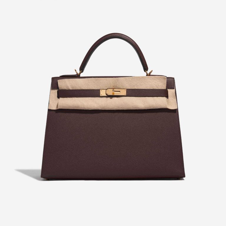 Pre-owned Hermès bag Kelly 32 Epsom Bordeaux Brown, Violet Front Velt | Sell your designer bag on Saclab.com