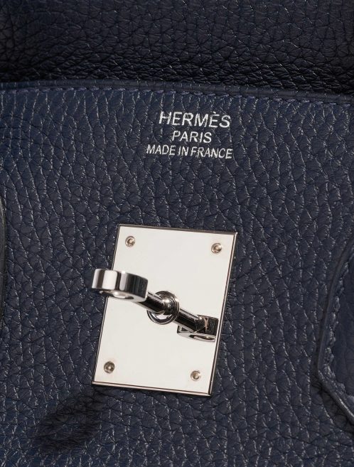 Pre-owned Hermès bag Birkin 35 Verso Clemence Blue Nuit / Magnolia Blue Logo | Sell your designer bag on Saclab.com