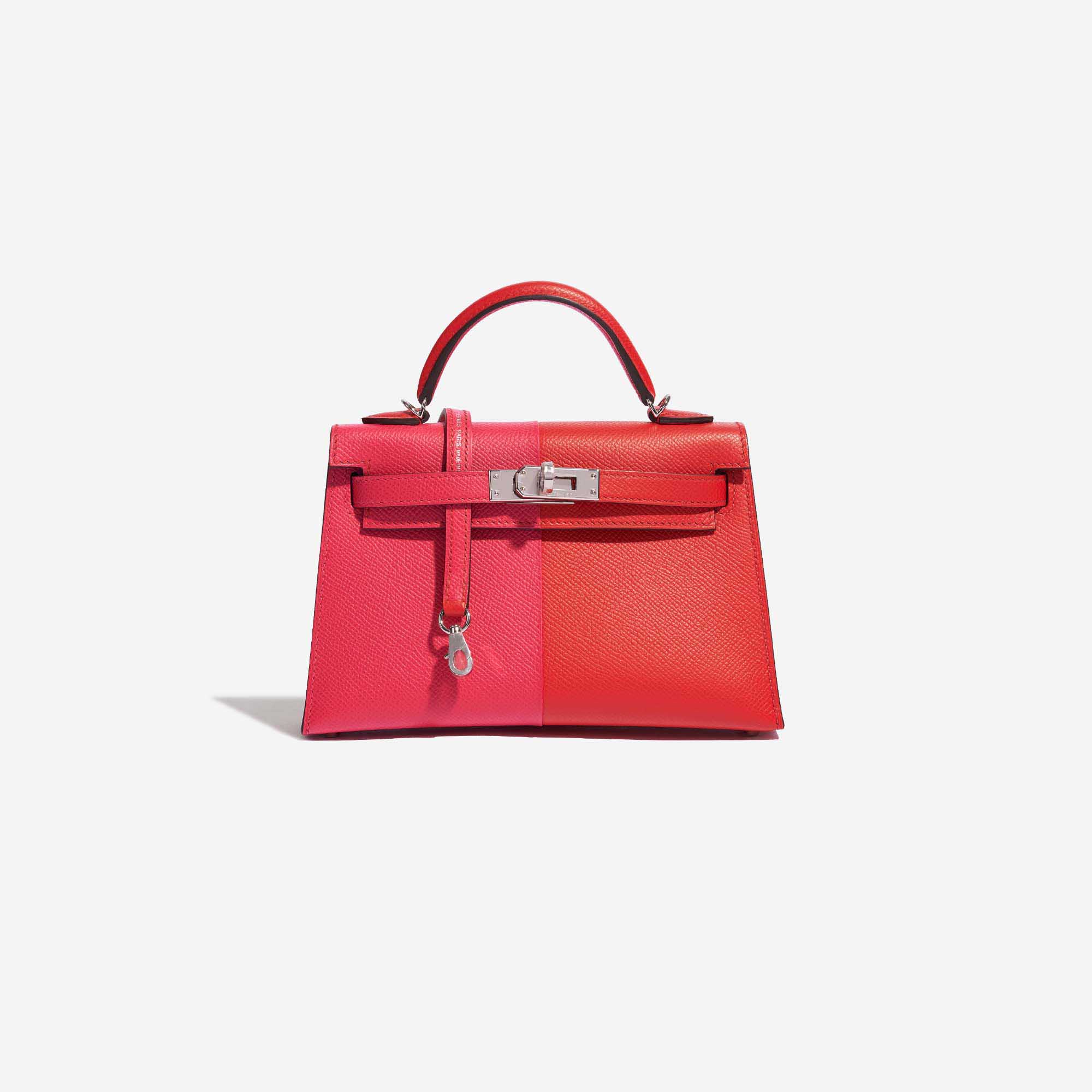 Pre-owned Hermès bag Kelly Mini Epsom Rose Extreme / Rouge de Coeur / Blue Zanzibar Red, Rose Front | Sell your designer bag on Saclab.com