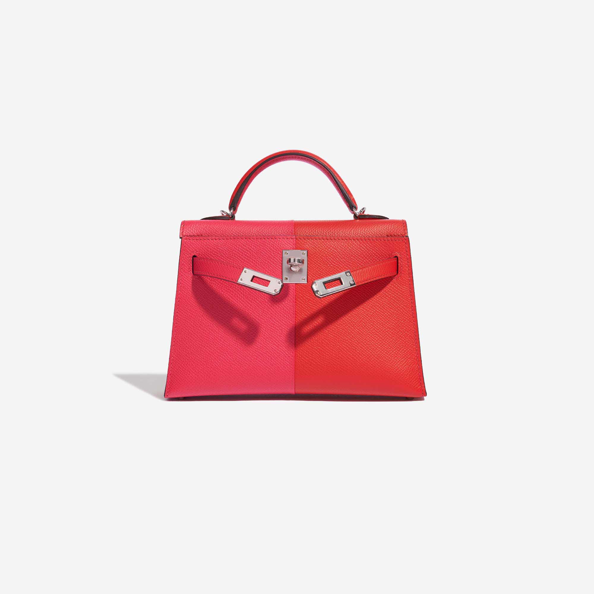 Gebrauchte Hermès Tasche Kelly Mini Epsom Rose Extreme / Rouge de Coeur / Blue Zanzibar Red, Rose Front Open | Verkaufen Sie Ihre Designer-Tasche auf Saclab.com
