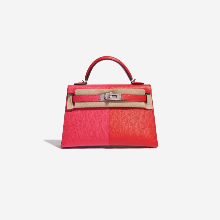 Pre-owned Hermès bag Kelly Mini Epsom Rose Extreme / Rouge de Coeur / Blue Zanzibar Red, Rose Front Velt | Sell your designer bag on Saclab.com