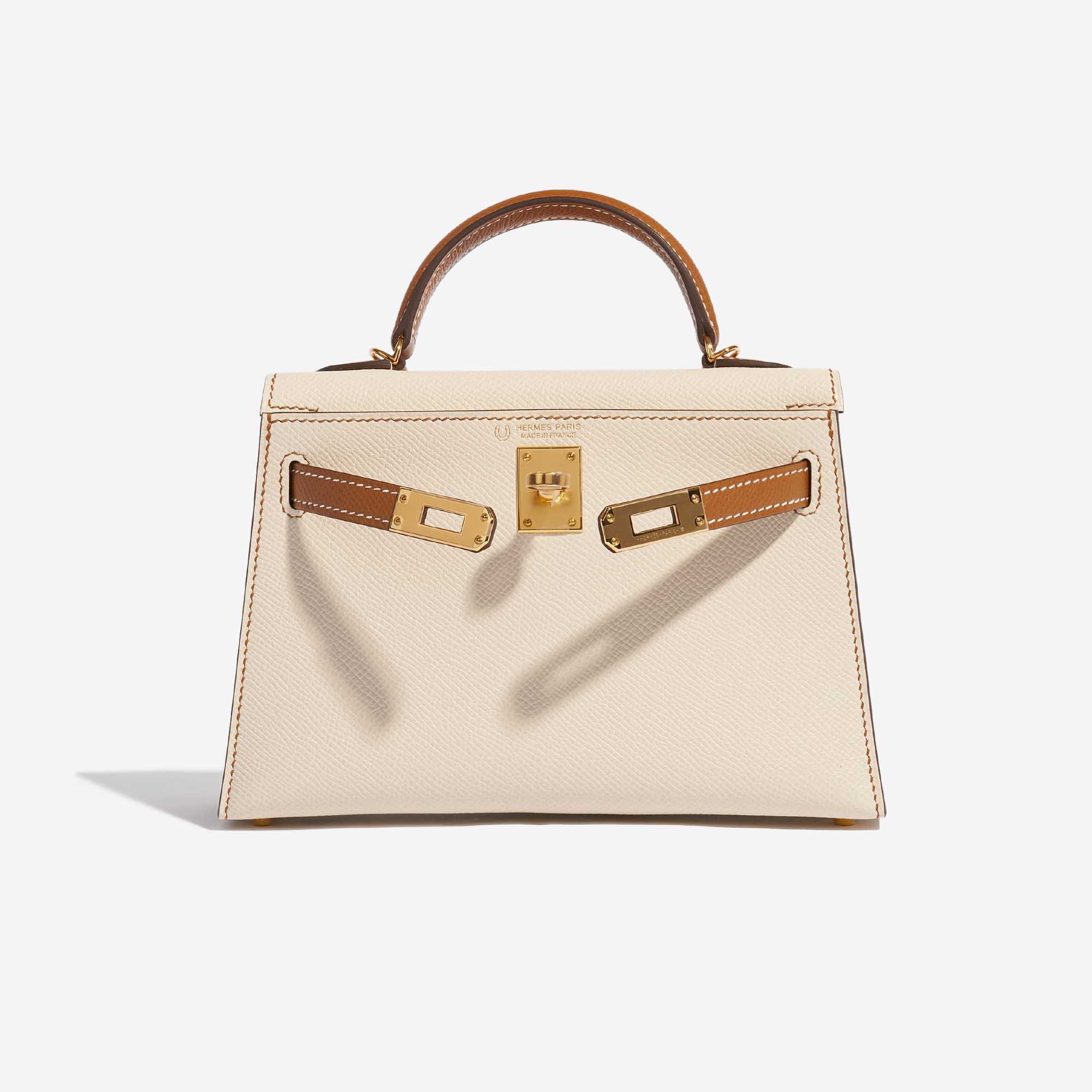Pre-owned Hermès Tasche Kelly Mini Epsom Craie / Gold Braun, Grau Front Open | Verkaufen Sie Ihre Designer-Tasche auf Saclab.com