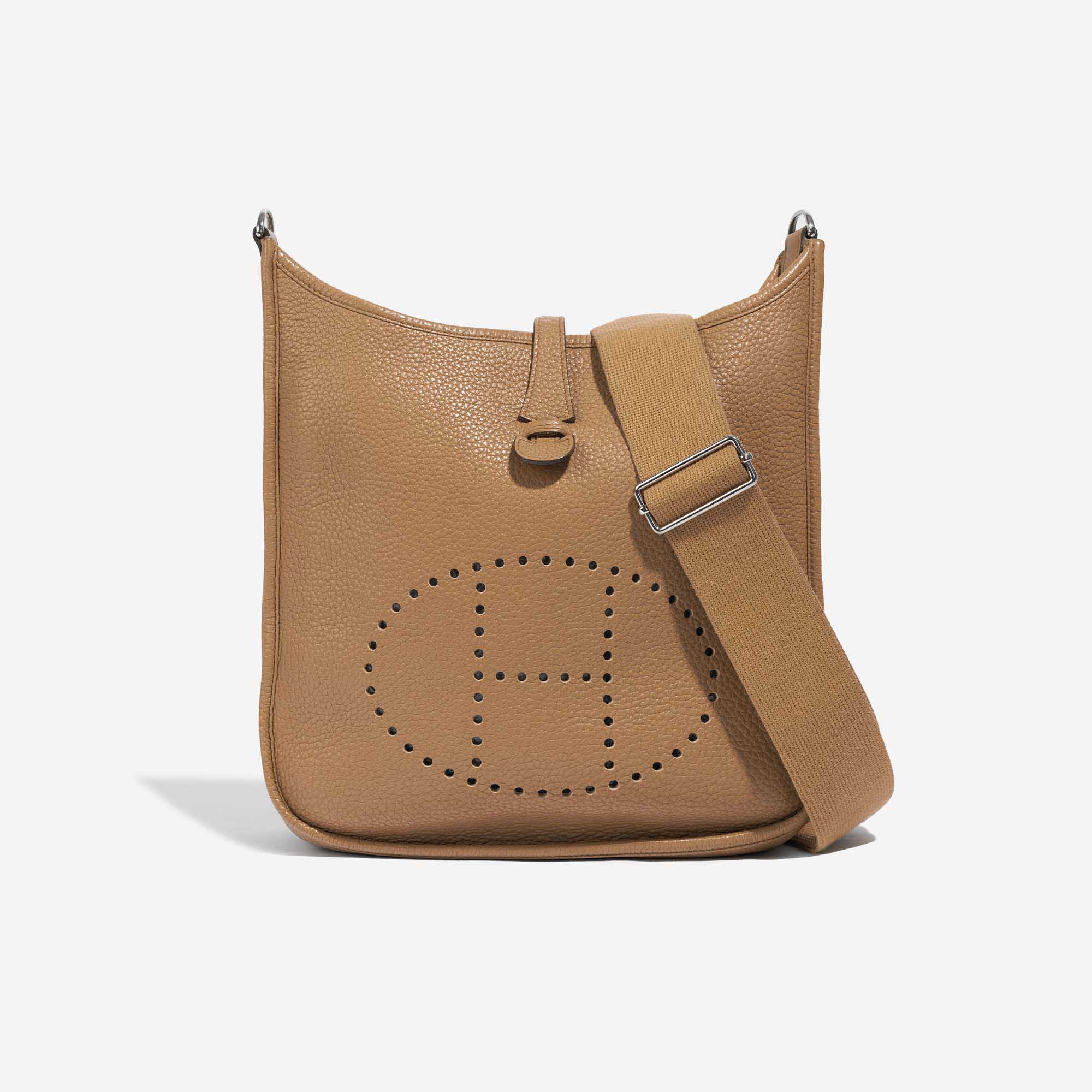 Pre-owned Hermès bag Evelyne 29 Clemence Tabac Camel Brown Front | Sell your designer bag on Saclab.com