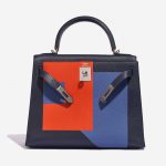 Pre-owned Hermès bag Kelly 28 Lettre R Clemence / Tadelakt Blue Nuit / Blue Brighton / Terre Battue Blue, Dark blue, Red Front Open | Sell your designer bag on Saclab.com