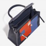 Pre-owned Hermès bag Kelly 28 Lettre R Clemence / Tadelakt Blue Nuit / Blue Brighton / Terre Battue Blue, Dark blue, Red Inside | Sell your designer bag on Saclab.com