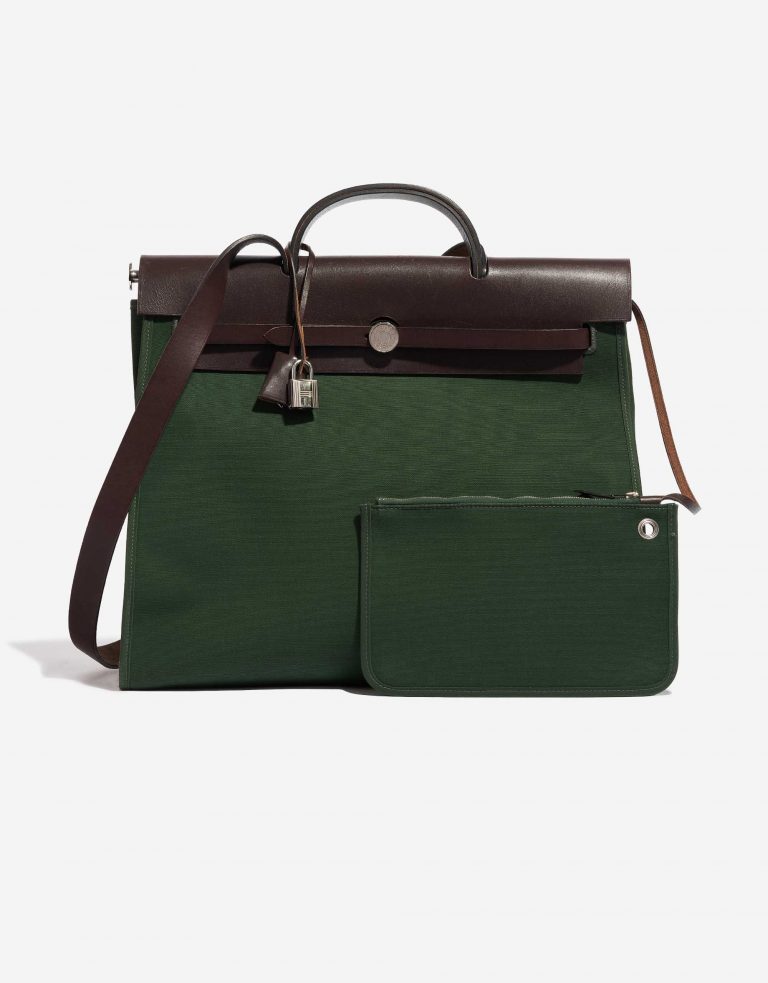 Pre-owned Hermès bag Herbag 39 Toile / Vache Hunter Vert Anglais / Ebene Brown Front | Sell your designer bag on Saclab.com