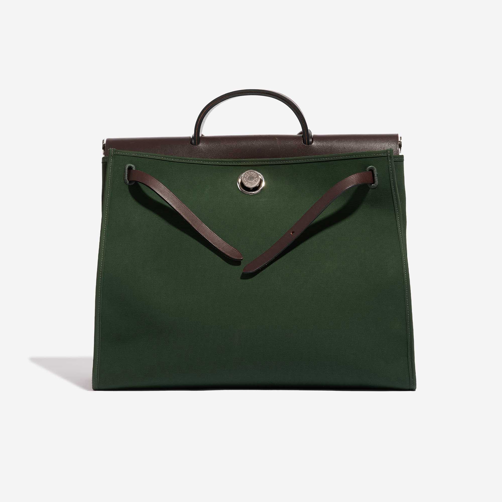 Pre-owned Hermès bag Herbag 39 Toile / Vache Hunter Vert Anglais / Ebene Brown, Green Front Open | Sell your designer bag on Saclab.com