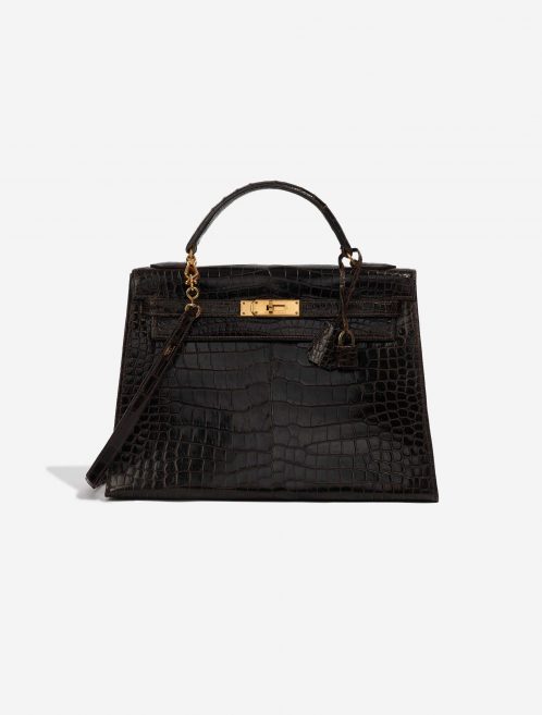 Pre-owned Hermès bag Kelly 32 Porosus Crocodile Dark Brown Brown Front | Sell your designer bag on Saclab.com