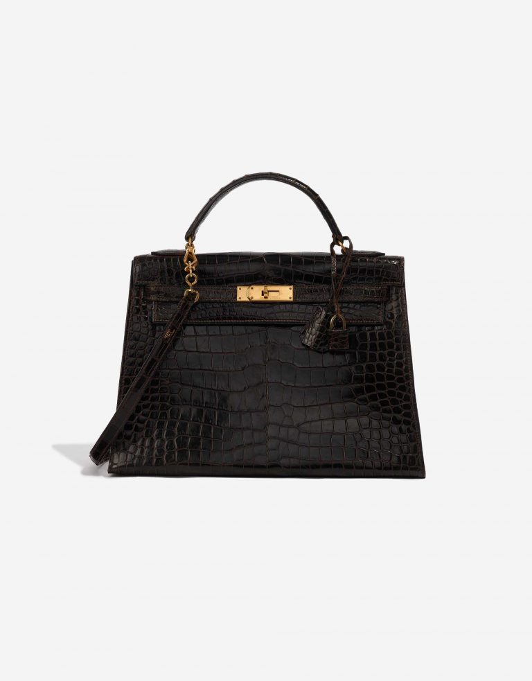 Pre-owned Hermès bag Kelly 32 Porosus Crocodile Dark Brown Brown Front | Sell your designer bag on Saclab.com